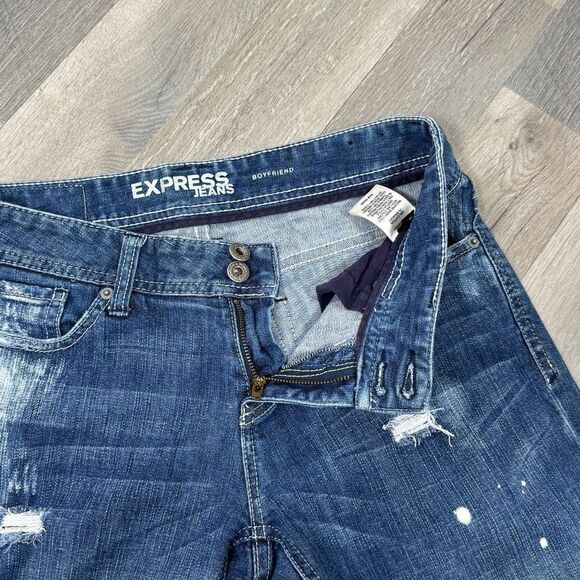 Express Distressed Bleach Splatter Baggy Straight Leg Boyfriend Jeans Blue 2 - Picture 6 of 13